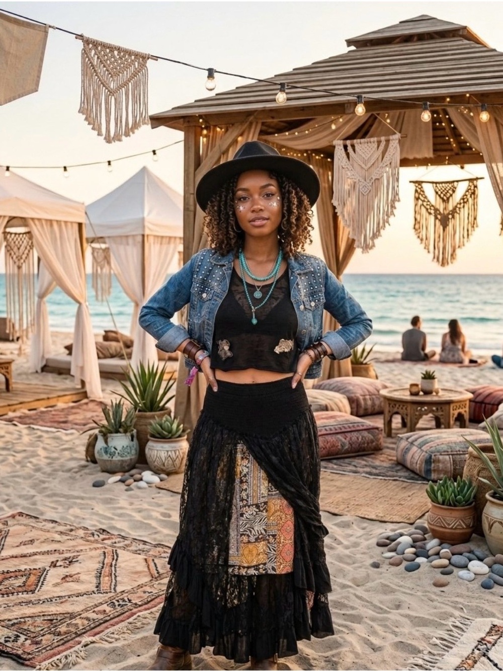 POL Black Lace Boho High-Low Skirt with Colorful Patch Panel